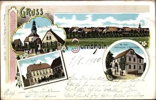 Litho Bornshain Nobitz Altenburger Land, Gesamtansicht, Kirche, Pfarre, Gasthof, Stellmacherei