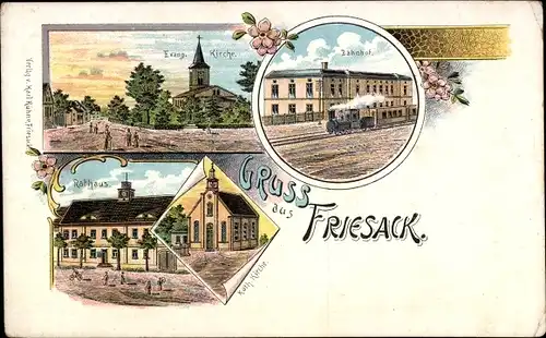 Litho Friesack in der Mark, Evangelische Kirche, Rathaus, Katholische Kirche, Bahnhof