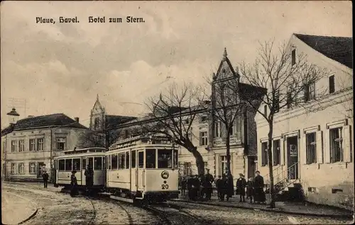 Ak Plaue Brandenburg an der Havel, Hotel zum Stern, Straßenbahn
