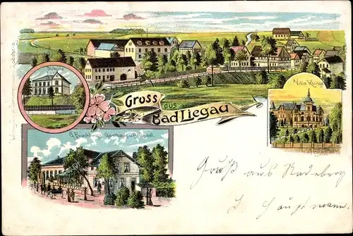 Litho Liegau Augustusbad Radeberg in Sachsen, Schule, Villa Klinge, Gasthaus G. Brechling