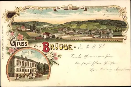 Litho Brügge Lüdenscheid im Märkischen Kreis, Gesamtansicht, Gasthof zur Post