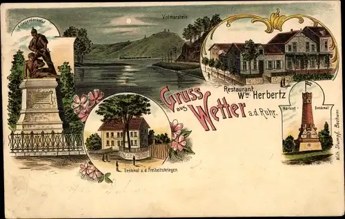 Litho Wetter an der Ruhr, Kriegerdenkmal, Volmarstein, Restaurant Ww. Herbertz, Harkort-Denkmal