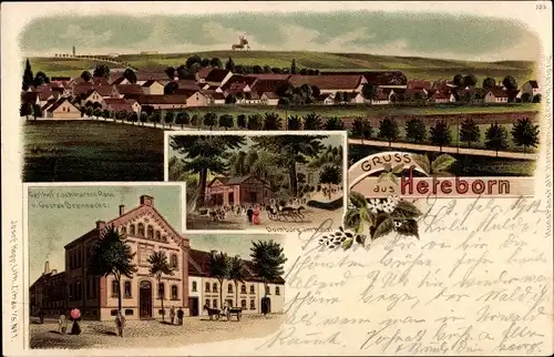 Litho Heteborn Selke Aue im Harz, Gasthof zum schwarzen Ross, Panorama, Domburg im Hakel