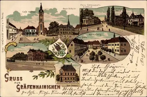 Litho Gräfenhainichen, Paul Gerhardt Kapelle, Schule, Bahnhof, Postamt, Marktplatz, Wappen