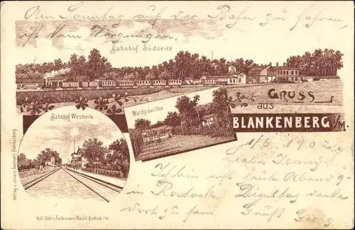 Litho Blankenberg in Mecklenburg, Bahnhof Südseite und Westseite, Waldpavillon