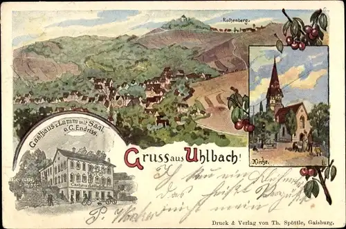 Künstler Ak Uhlbach Stuttgart am Neckar, Gasthaus zum Lamm, Kirche, Gesamtansicht mit Rothenberg