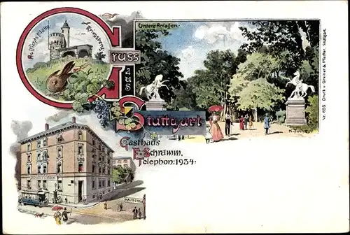 Künstler Litho Fuchs, K., Stuttgart, Untere Anlagen, Aussichtsturm Kriegsberg, Gasthaus F. Schramm