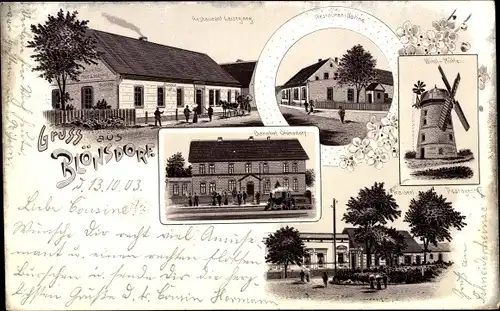 Litho Blönsdorf Niedergörsdorf in Brandenburg, Restaurant Leisegang, Windmühle, Bahnhof, Postagentur