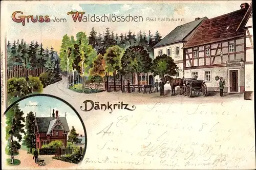 Litho Dänkritz Neukirchen in Sachsen, Gasthaus Waldschlösschen, Inh. P. Hallbauer, Forsthaus