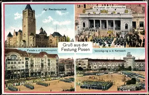 Ak Poznań Posen, Residenzschloss, Vereidigung a. d. Kernwerk, Parade auf dem Wilhelmsplatz