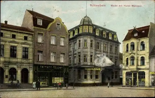 Ak Świdwin Schivelbein Pommern, Markt, Hotel Monopol, Geschäfte