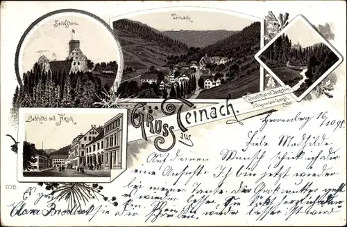 Litho Bad Teinach Zavelstein im Schwarzwald, Badhotel, Hirsch, Panorama, Teinachtal