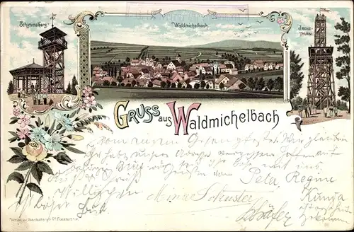 Litho Waldmichelbach Wald Michelbach im Odenwald Hessen, Irene Turm, Schimmelberg, Totale