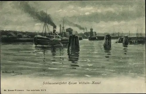 Künstler Ak Krause Wichmann, Ed., Kaiser Wilhelm Kanal, Schleuseneinfahrt, Dampfer