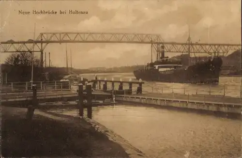 Ak Holtenau Kiel, Kaiser Wilhelm Kanal, neue Hochbrücke, Frachtschiff
