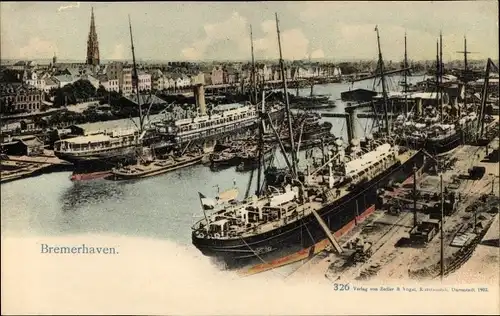 Ak Bremerhaven, Dampfschiffe im Hafen