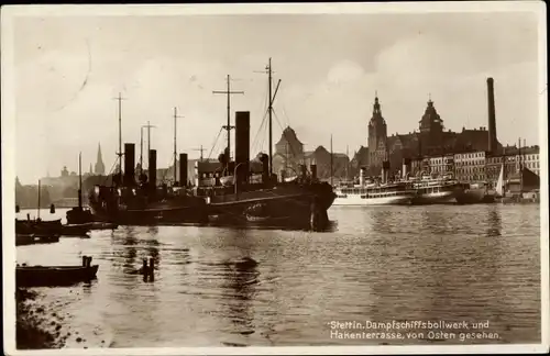 Ak Szczecin Stettin Pommern, Dampfschiffs-Bollwerk, Hakenterrasse, Seebäderdampfer im Hafen