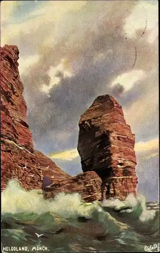 Künstler Ak Helgoland, Steilküste, Mönch, Brandung