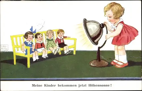 Künstler Ak Wills, John, Puppen auf einer Bank, Mädchen, Lampe
