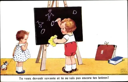 Künstler Ak Wills, John, Kinder spielen Schule, Tafel