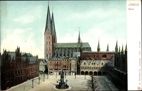 Ak Lübeck, Markt, Rathaus, Marienkirche