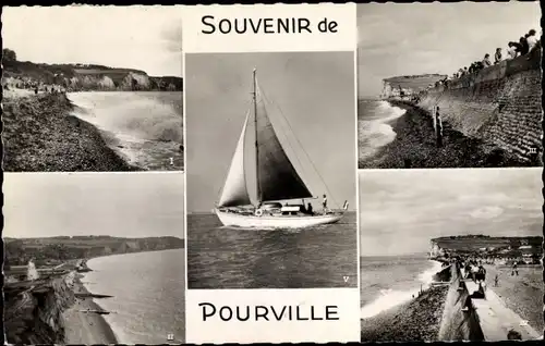 Ak Pourville Seine Maritime, Strand, Segelboot, Klippen