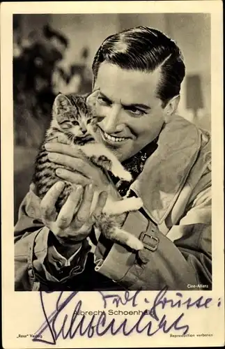 Ak Schauspieler Albrecht Schoenhals, Portrait mit junger Katze, Autogramm