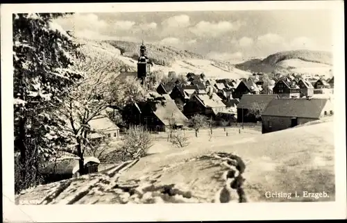 Ak Geising Altenberg im Erzgebirge, Panorama, Kirchturm, Winteransicht