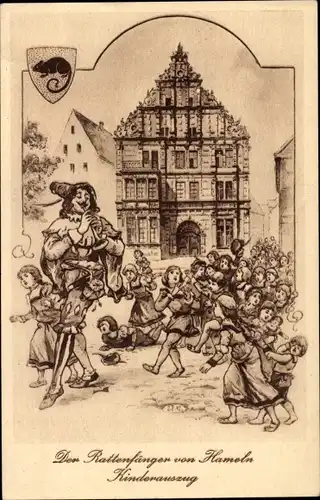 Künstler Ak Hameln an der Weser Niedersachsen, Rattenfänger, Kinderauszug, Rattenfängerhaus