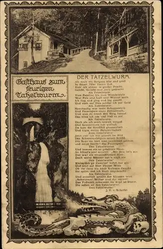 Ak Oberaudorf in Oberbayern, Wasserfall am Tatzelwurm, Gasthaus zum Tatzelwurm, Gedicht