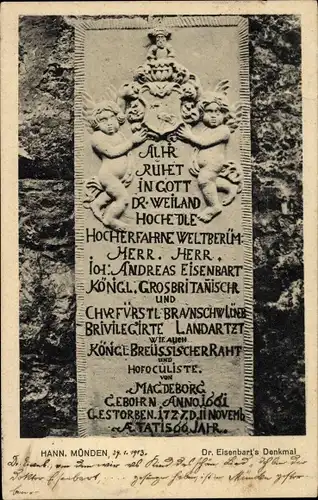 Ak Hann. Münden in Niedersachsen, Dr. Eisenbarts Grab-Denkmal an der St.-Aegidien-Kirche