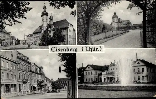 Ak Eisenberg in Thüringen, Kirche, Teilansichten, Karl Marx Lichtspiele, Springbrunnen