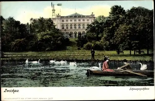 Ak Zwickau in Sachsen, Schwanenschloss, Ruderboot