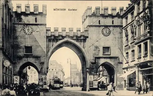 Ak München, Karlstor, Straßenbahn, Geschäfte