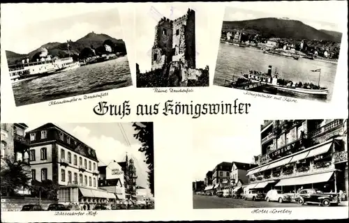 Ak Königswinter am Rhein, Dampfer, Drachenfels, Hotel Loreley, Düsseldorfer Hof, Fähre