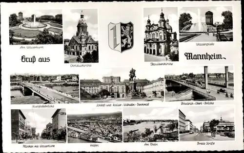 Ak Mannheim, Wasserturm, Schloss, Christuskirche, Jesuitenkirche, Kurpfalzbrücke, Hafen, Planken