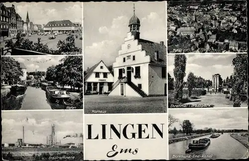 Ak Lingen im Emsland in Niedersachsen, Rathaus, Marktplatz, Hafen, Erdölraffinerie, Ehrenmal, Kanal