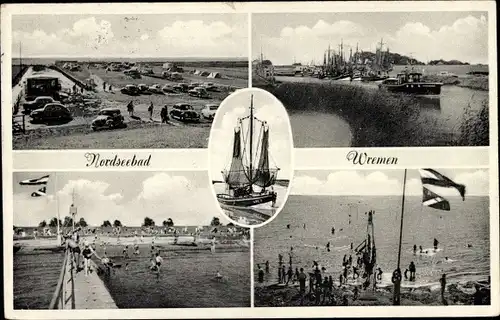 Ak Wremen Wurster Nordseeküste, Strandpartie, Campingplatz, Flaggen, Kutter WRE 9