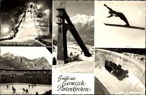 Ak Garmisch Partenkirchen in Oberbayern, Schanze, Nachtspringen, Bob, Winter
