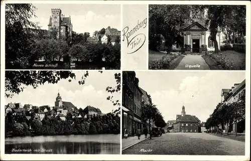 Ak Ronneburg in Thüringen, Neues Schloss, Urquelle, Baderteich, Markt