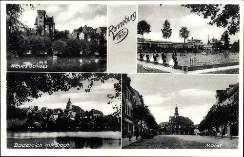 Ak Ronneburg Thüringen, Badeteich, Schloss, Sommerbad, Markt