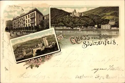 Litho Stolzenfels Koblenz, Schloss Stolzenfels, Hotel Bellevue, Lahnstein