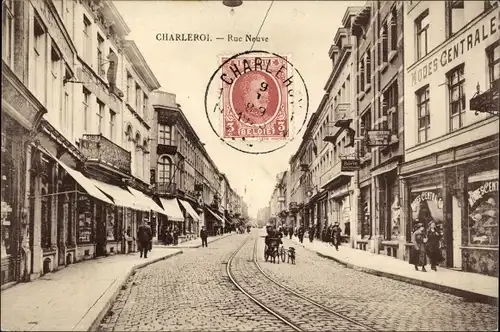 Ak Charleroi Hennegau, Rue Neuve, Geschäfte, Hundekarren