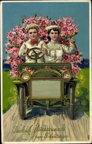 Ak Glückwunsch Geburtstag, Kinder, Automobil, Blumen