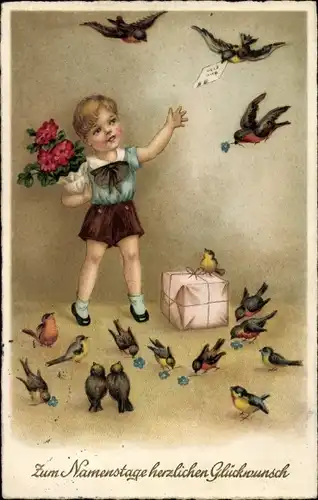 Ak Glückwunsch Namenstag, Kind füttert Vögel, Blumen
