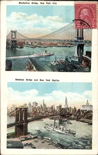 Ak New York City USA, Manhattan Bridge, Brooklyn Bridge, Skyline