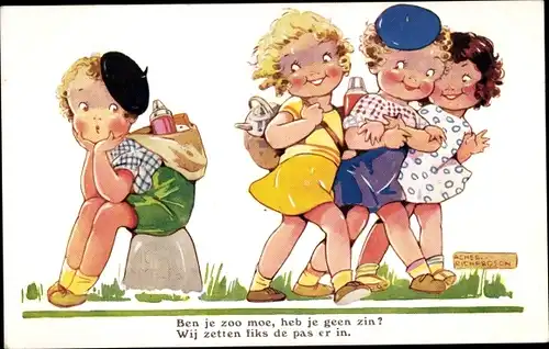Künstler Ak Richardson, Agnes, Kinder auf dem Weg zum Picknick