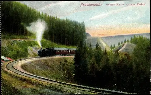 Ak Brocken Nationalpark Harz, Brockenbahn, Große Kurve an der Padde, Dampflok