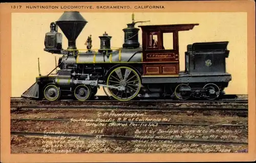 Ak US Amerikanische Eisenbahn, Huntington Lokomotive, Sacramento, Kalifornien, Dampflok