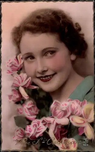 Ak Vive Sainte Catherine, Portrait einer Frau mit Rosen